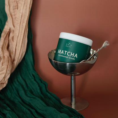 Raindust matcha is a Canadian ceremonial grade matcha brand known for it's high quality matcha. Carefully selected leaves, First Harvest, Japanese Matcha, Stone Ground Green Tea Powder. It's also known for it's vibrant green color and pleasing aroma. When prepared, it creates a rich, creamy flavor, perfect for making matcha lattes, traditional ceremonial matcha, or baking