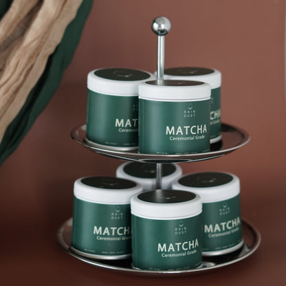 Raindust matcha is a Canadian matcha brand known for it's organic Ceremonial Grade Matcha. First Harvest, Japanese Matcha, Stone Ground Green Tea Powder. High-quality Matcha, vibrant emerald green color and pleasing aroma. When prepared, it creates a rich, creamy flavor, perfect for making matcha lattes, traditional ceremonial matcha, or baking