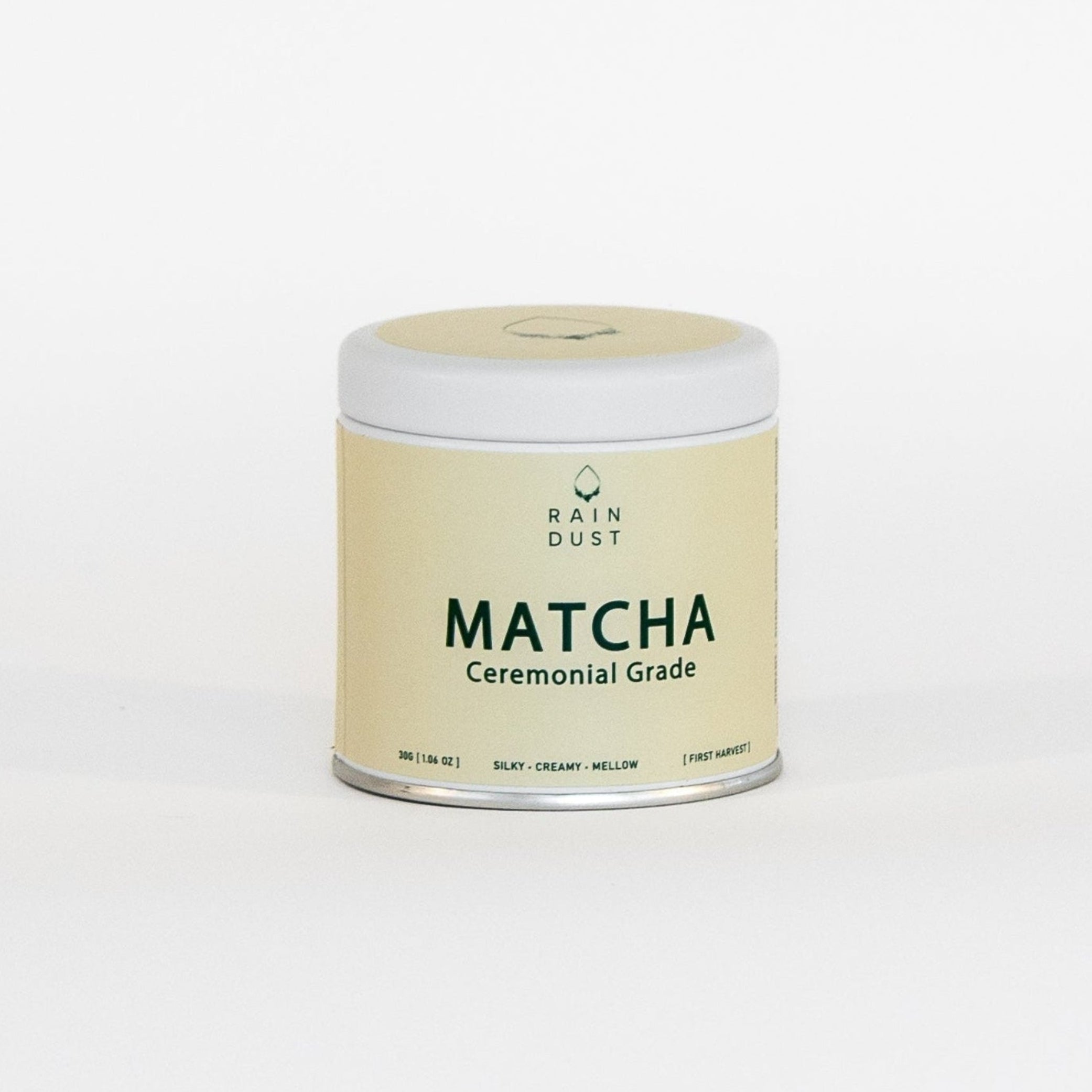 rain dust smooth and creamy Matcha container on a white background
