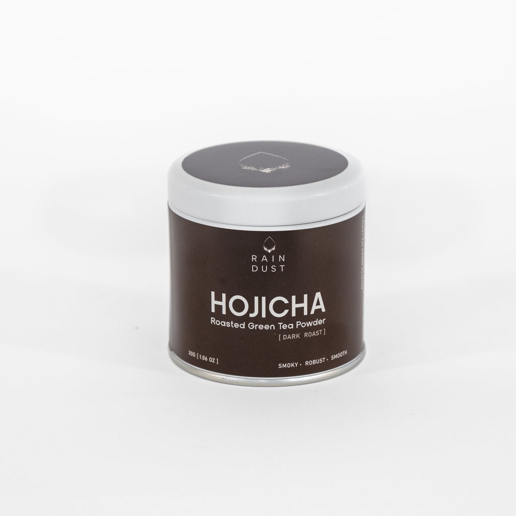 Rain Dust Organic Dark Roast Hojicha powder tin with Japanese roasted green tea powder