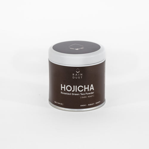Rain Dust Organic Dark Roast Hojicha powder tin with Japanese roasted green tea powder in Vancouver, Canada