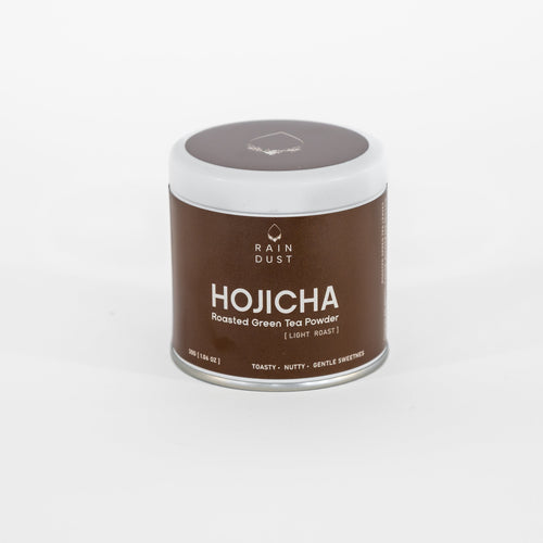Rain Dust Light Roast Hojicha powder tin with Japanese roasted green tea powder