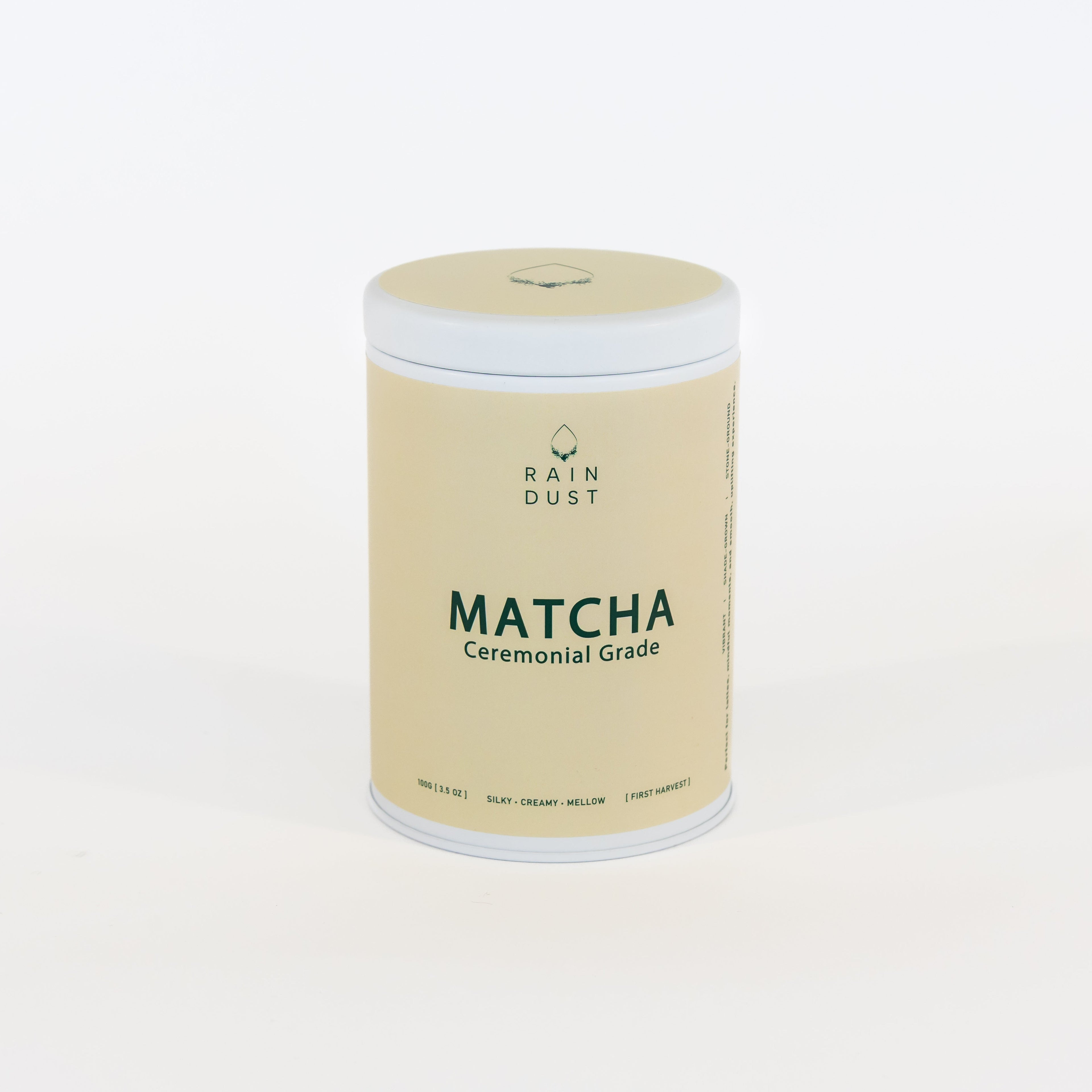 100 gram rain dust smooth and creamy Matcha container on a white background 