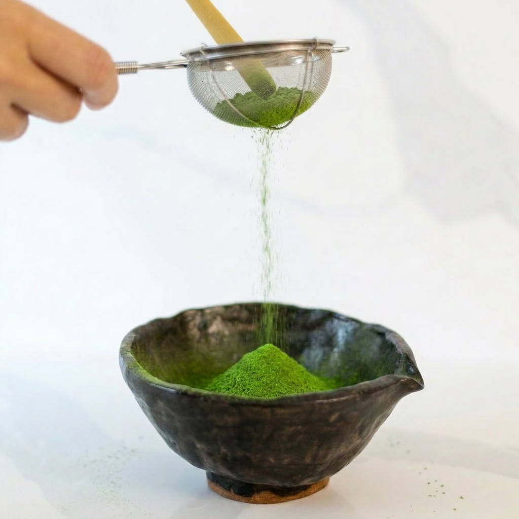 Green powder being sifted into a black ceramic bowl with a white background