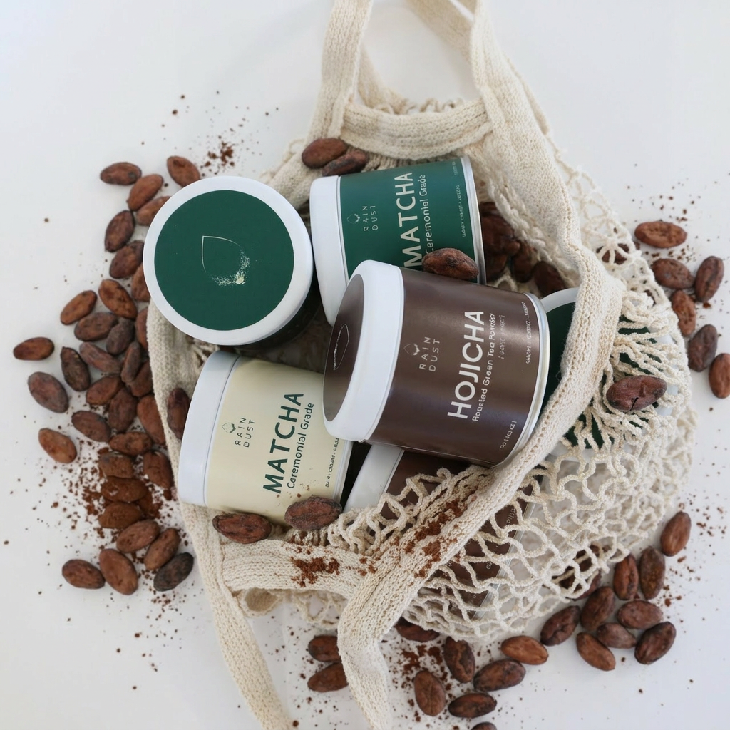 Calming hojicha roasted green tea powder with smooth toasty, nutty, caramel-like notes. Perfect for cozy lattes, mindful rituals, and peaceful daily tea moments.