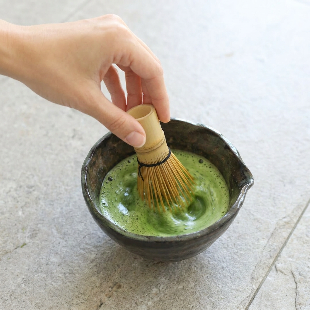 Hand using a whisk to mix green tea in a bowl on a light surface