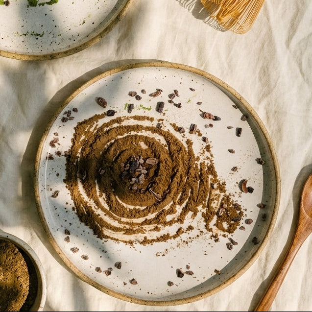 Organic dark roasted hojicha green tea powder, finely milled Japanese tea with deep toasty and chocolaty aroma