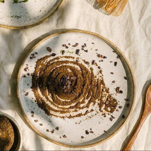 Organic dark roasted hojicha green tea powder, finely milled Japanese tea with deep toasty and chocolaty aroma