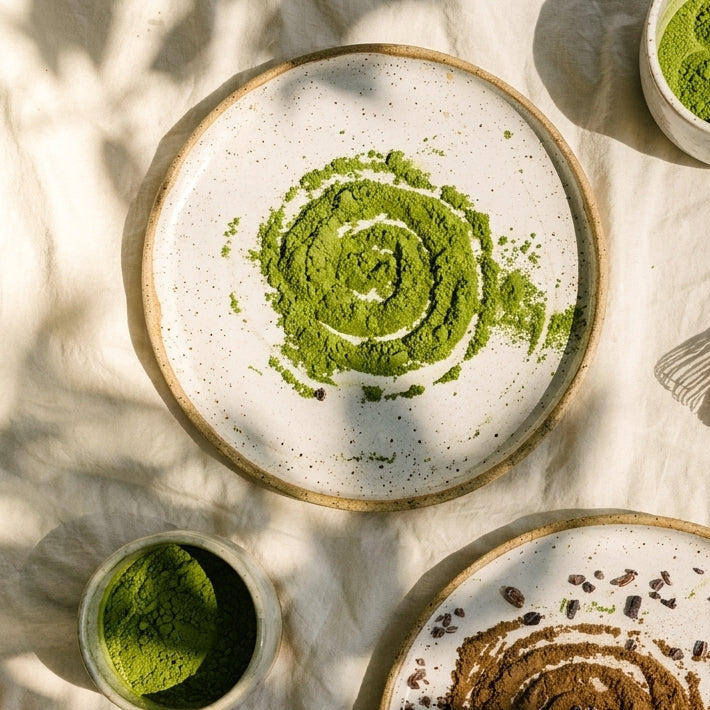 Two ceramic plates with matcha po and hojicha powders, a wooden whisk, and a wooden spoon on a light fabric background