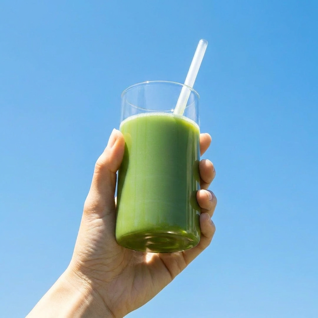 Hand holding a glass of matchs with a straw against a clear blue sky