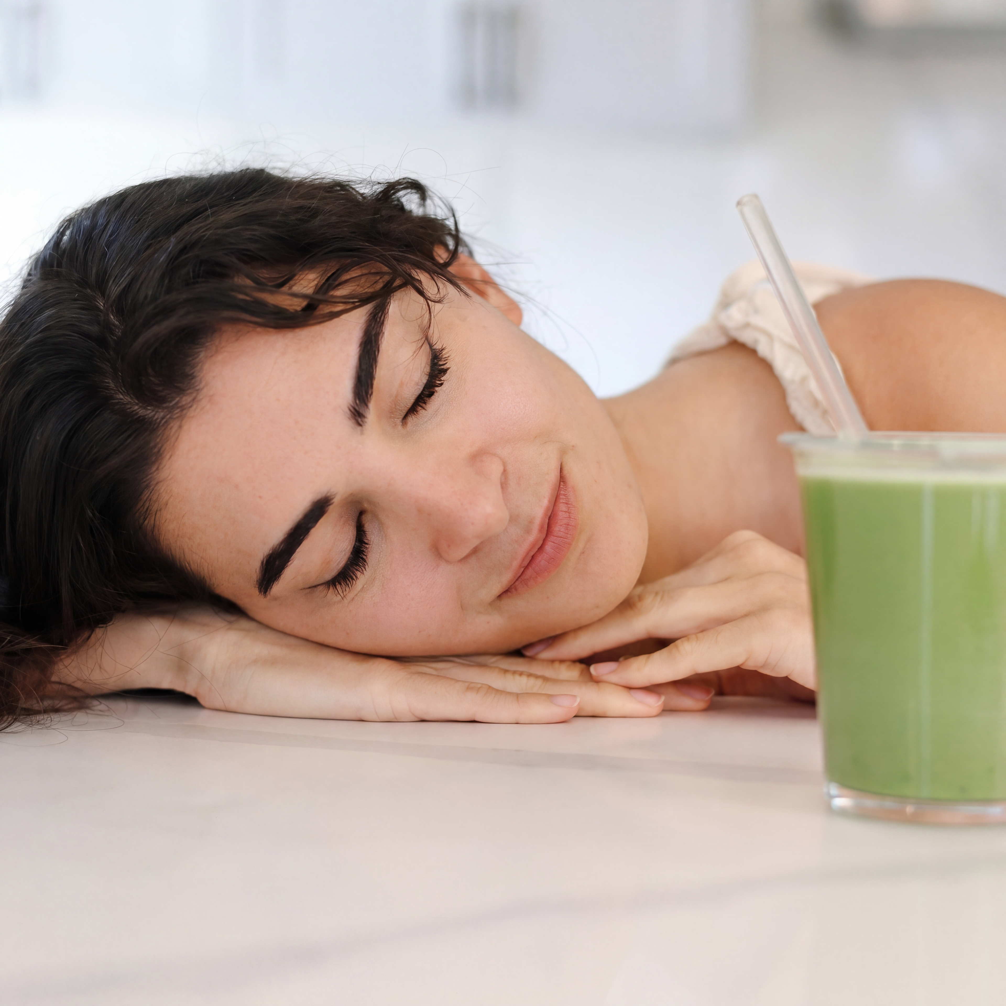 Woman enjoying a creamy matcha latte made with Rain Dust ceremonial grade Japanese matcha in a softly blurred kitchen setting.