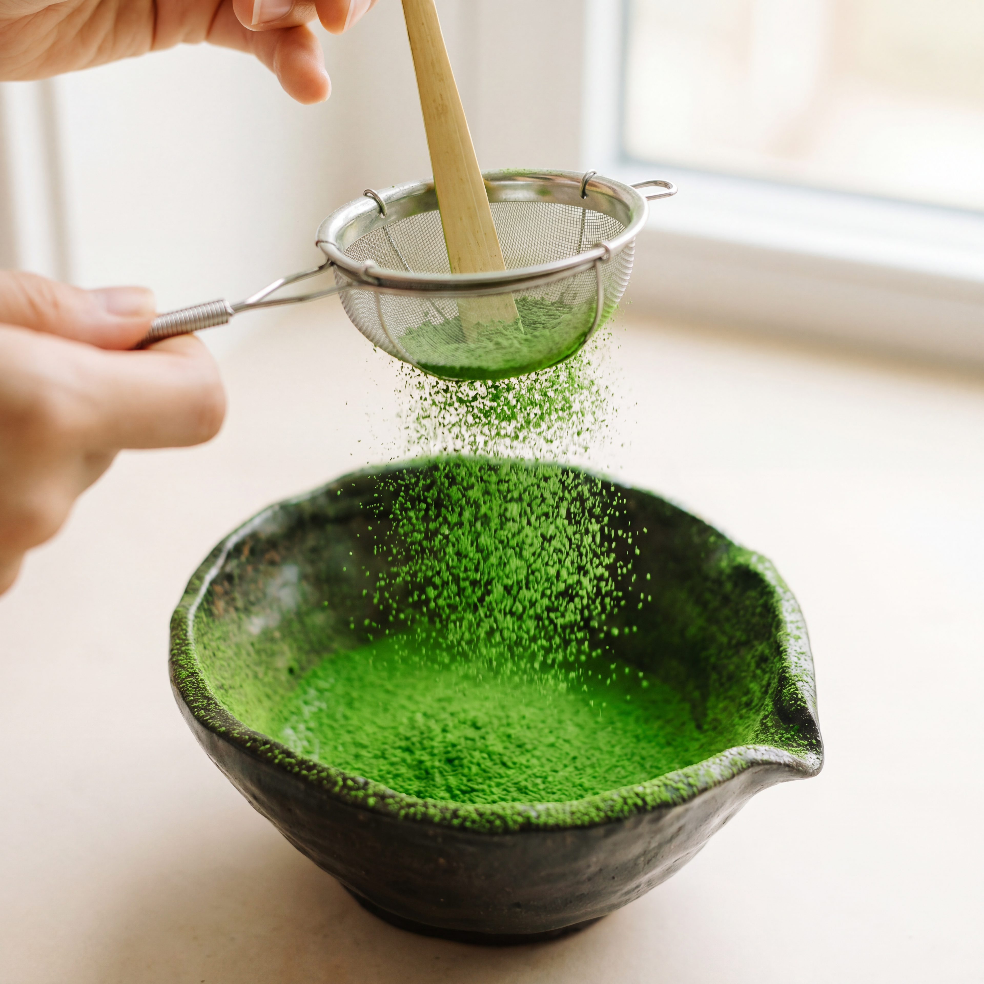 Premium Japanese ceremonial matcha powder being sifted into a matcha bowl