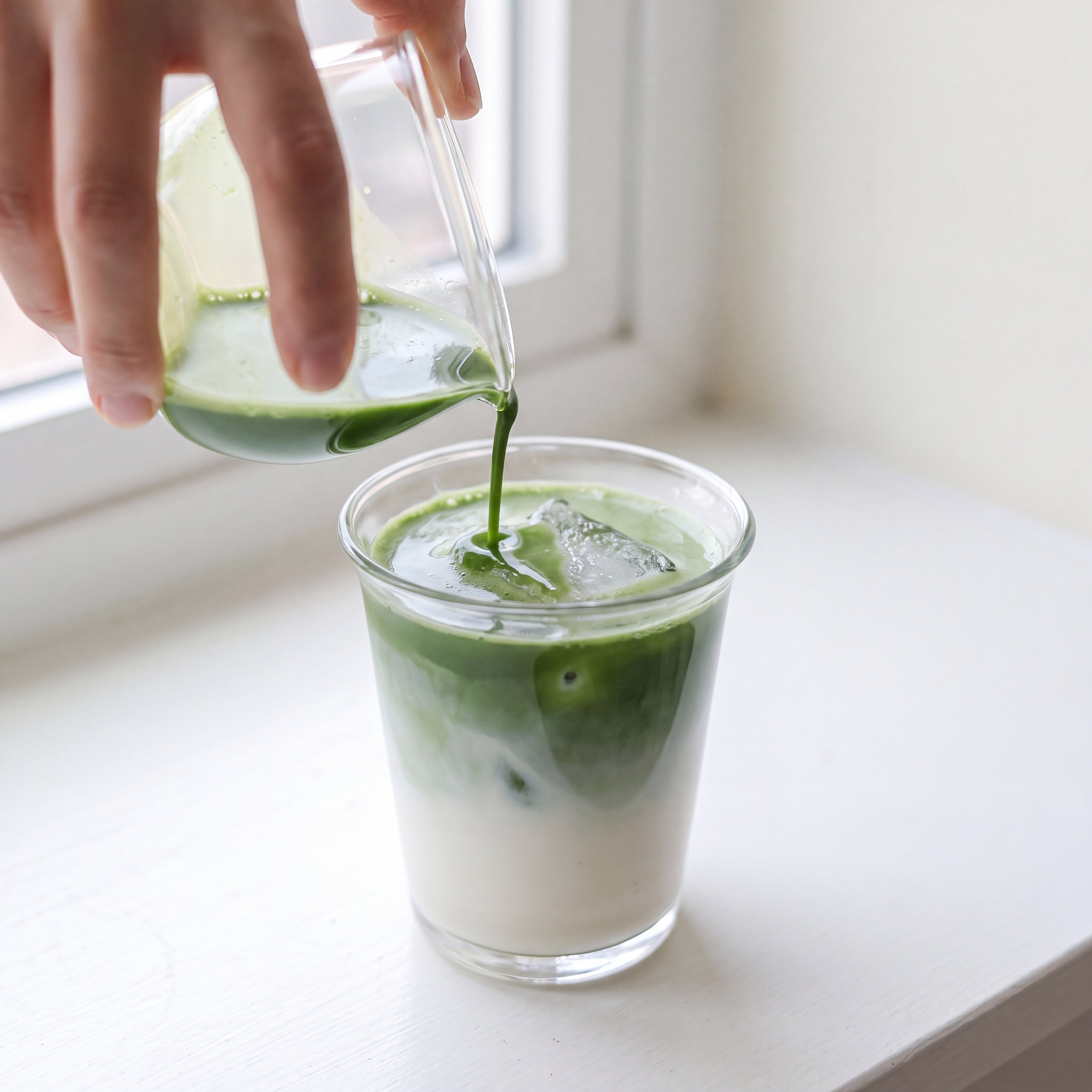 Hand pouring a vibrant green matcha latte into a glass cup with milk and ice on a white windowsill.