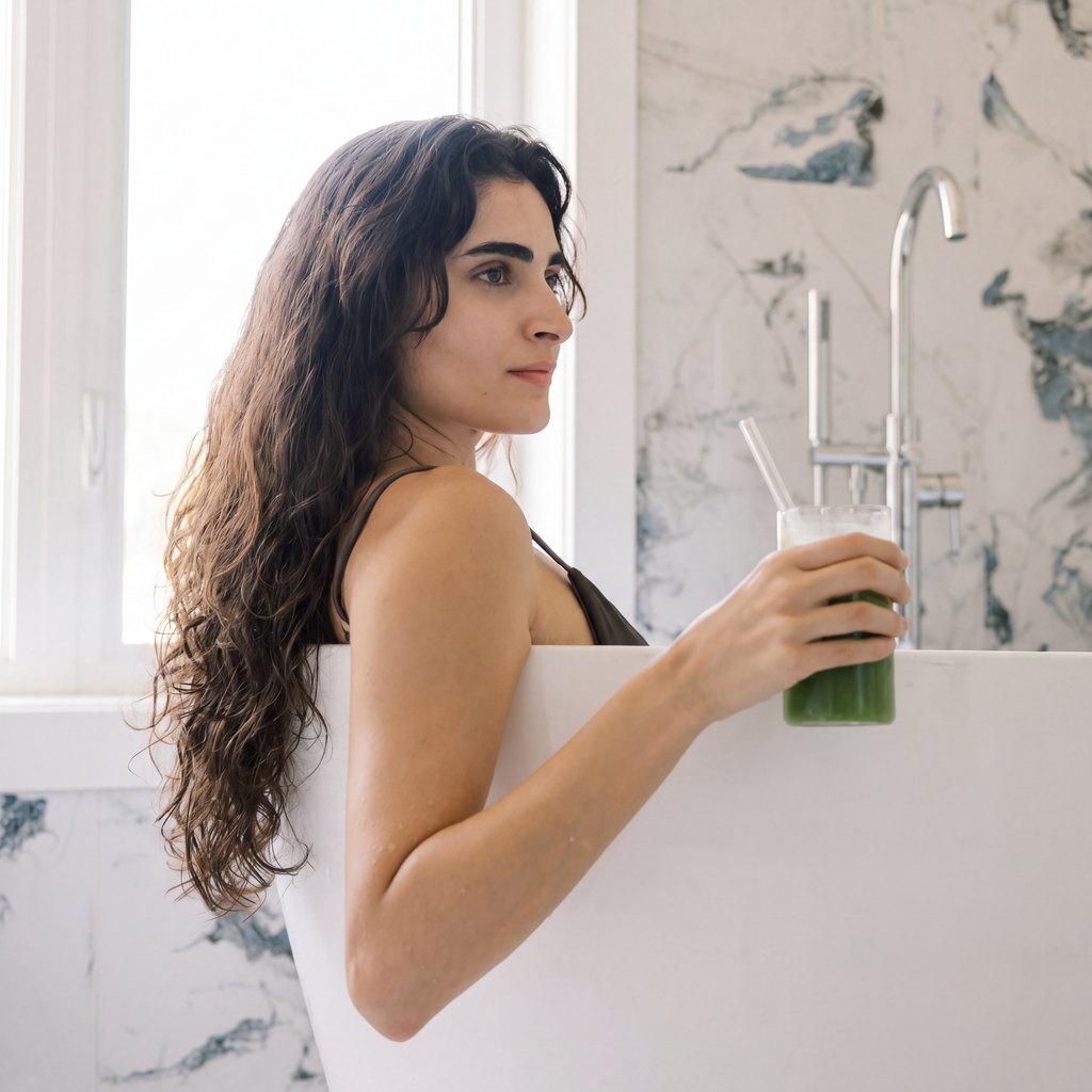 Woman holding a creamy matcha latte during a mindful self-care ritual in a calm bathroom setting.