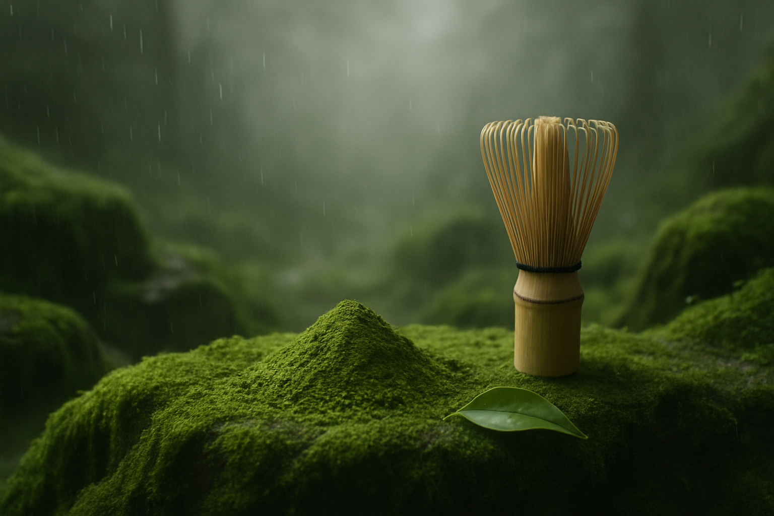 I’d like a forest vibe in the back more minimal mossy and rainy vibes while keeping the aesthetic
Natural forest vibe: mossy surface, gentle rain droplets or mist, soft green tones
Minimal composition with subtle matcha powder and maybe a bamboo whisk or leaf nearby
Realistic lighting (soft, diffused, earthy mood)